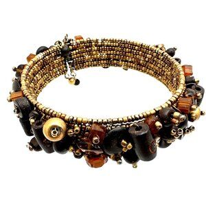 Boho Chic Multi Bead Bangle Bracelet Cuff Flex Wire Eclectic Earthy Tones Brown
